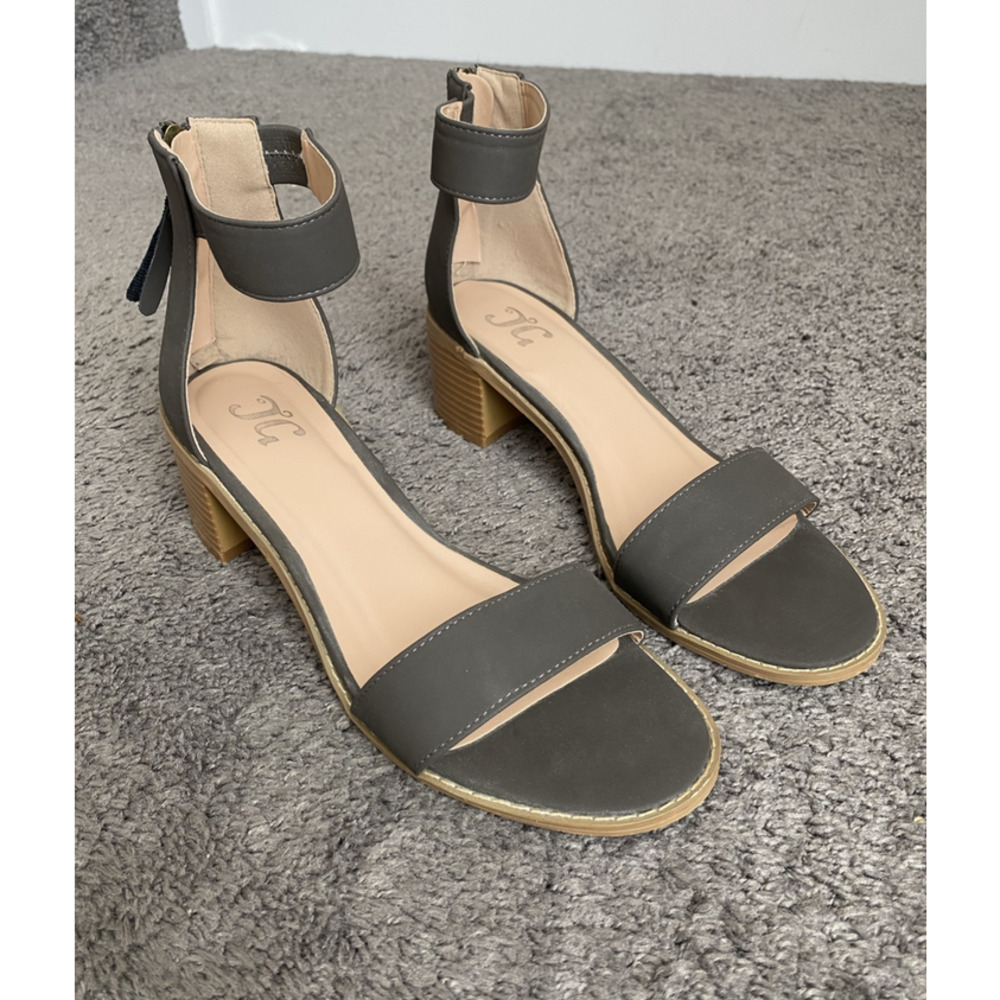 grey open toe low heel sandals